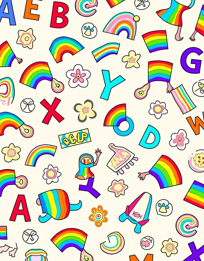 Rainbow Letters and Flowers Collage Rug