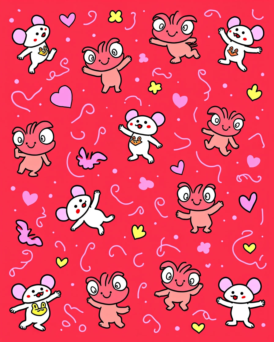 Whimsical Red Creatures Hearts Swirls Rug