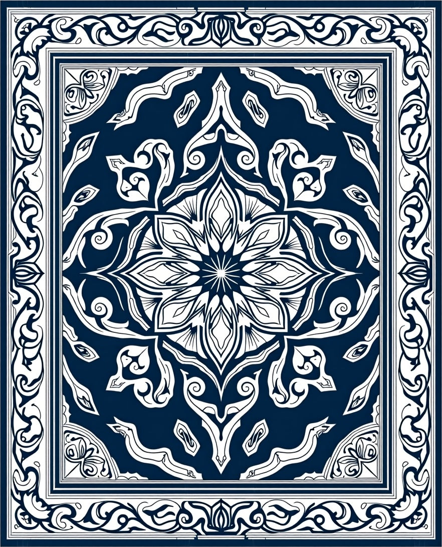Deep Blue Ornate Floral Medallion Rug