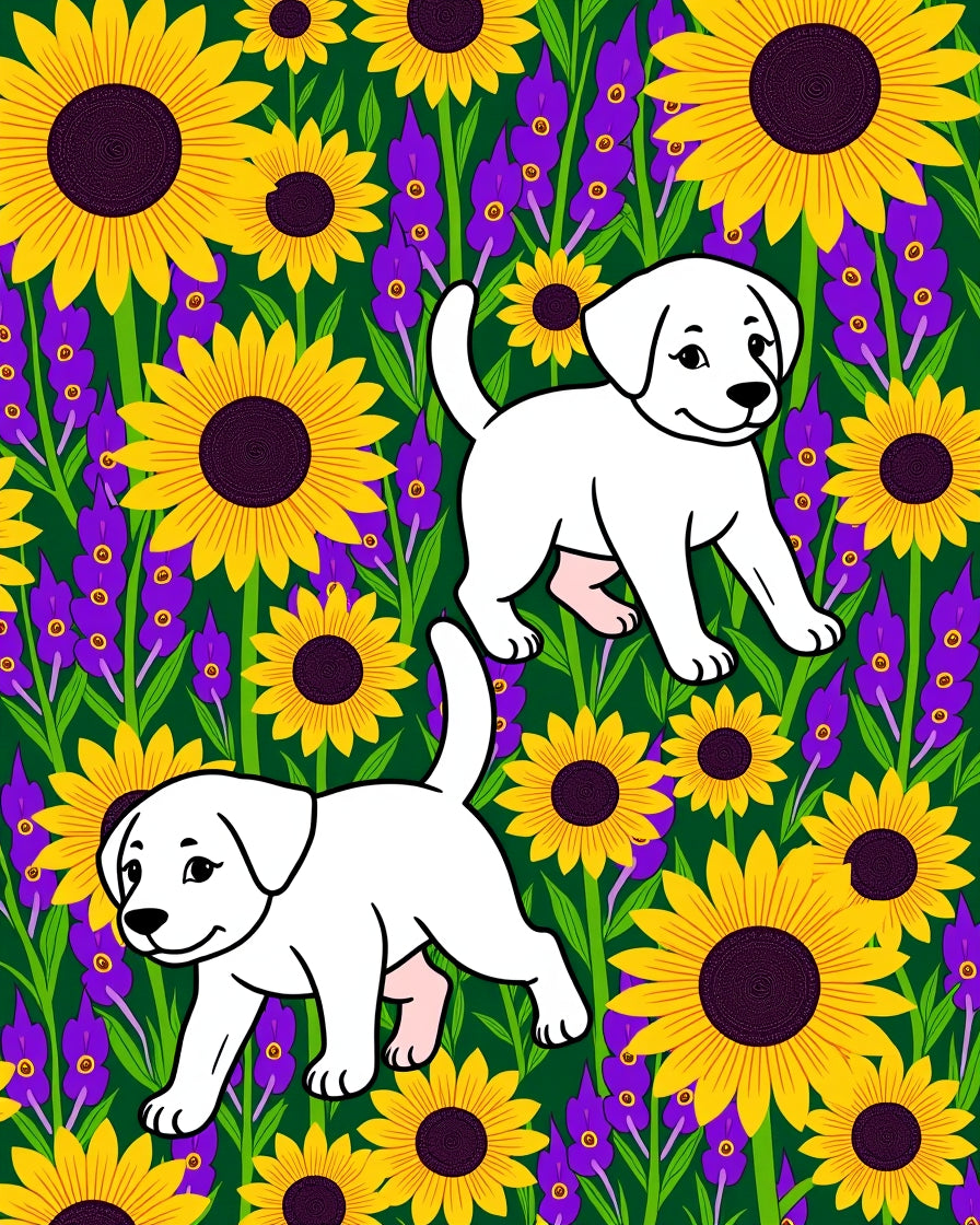 Yellow Sunflowers Purple Lavender Puppies Rug