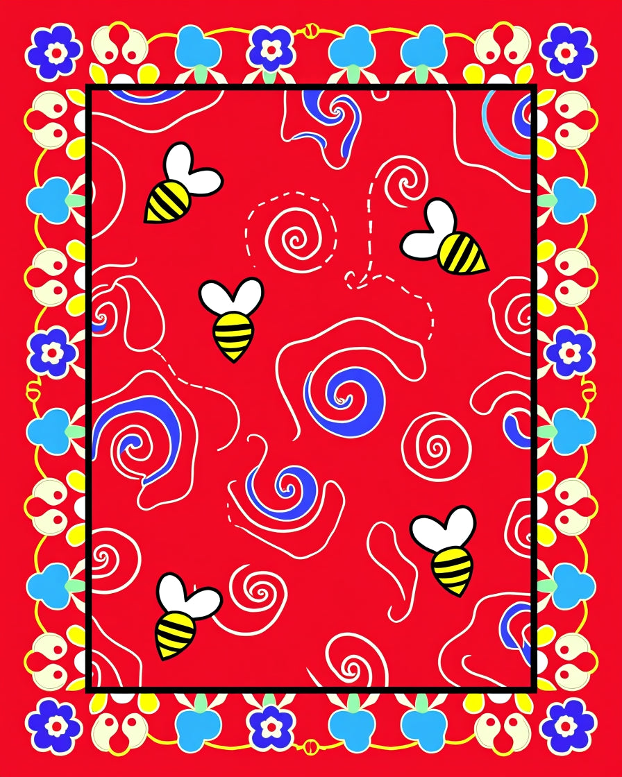 Whimsical Red Bee Swirl Border Rug