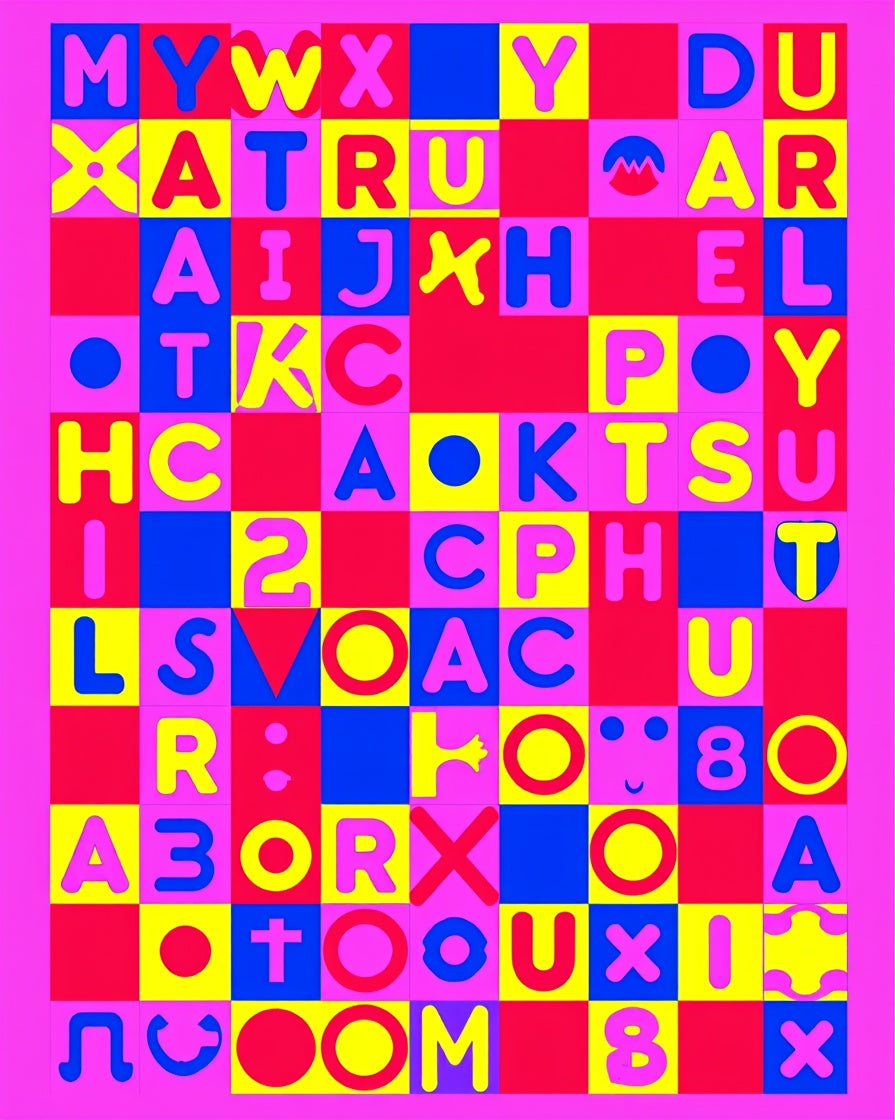 Vibrant Pink Yellow Blue Alphabet Squares Rug