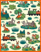 Whimsical Woodland Animals Train Scene Rug