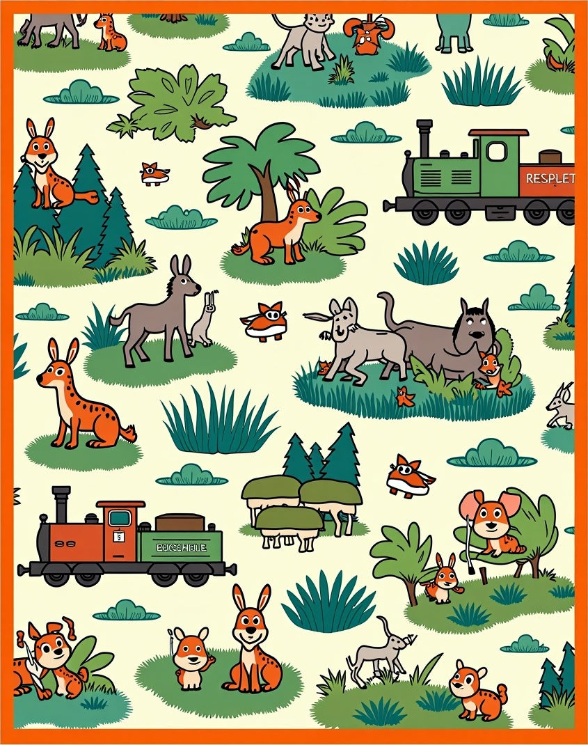 Whimsical Woodland Animals Train Scene Rug