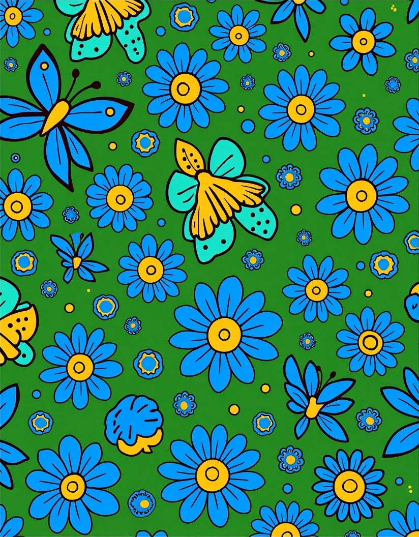 Blue Yellow Butterfly Floral Meadow Rug
