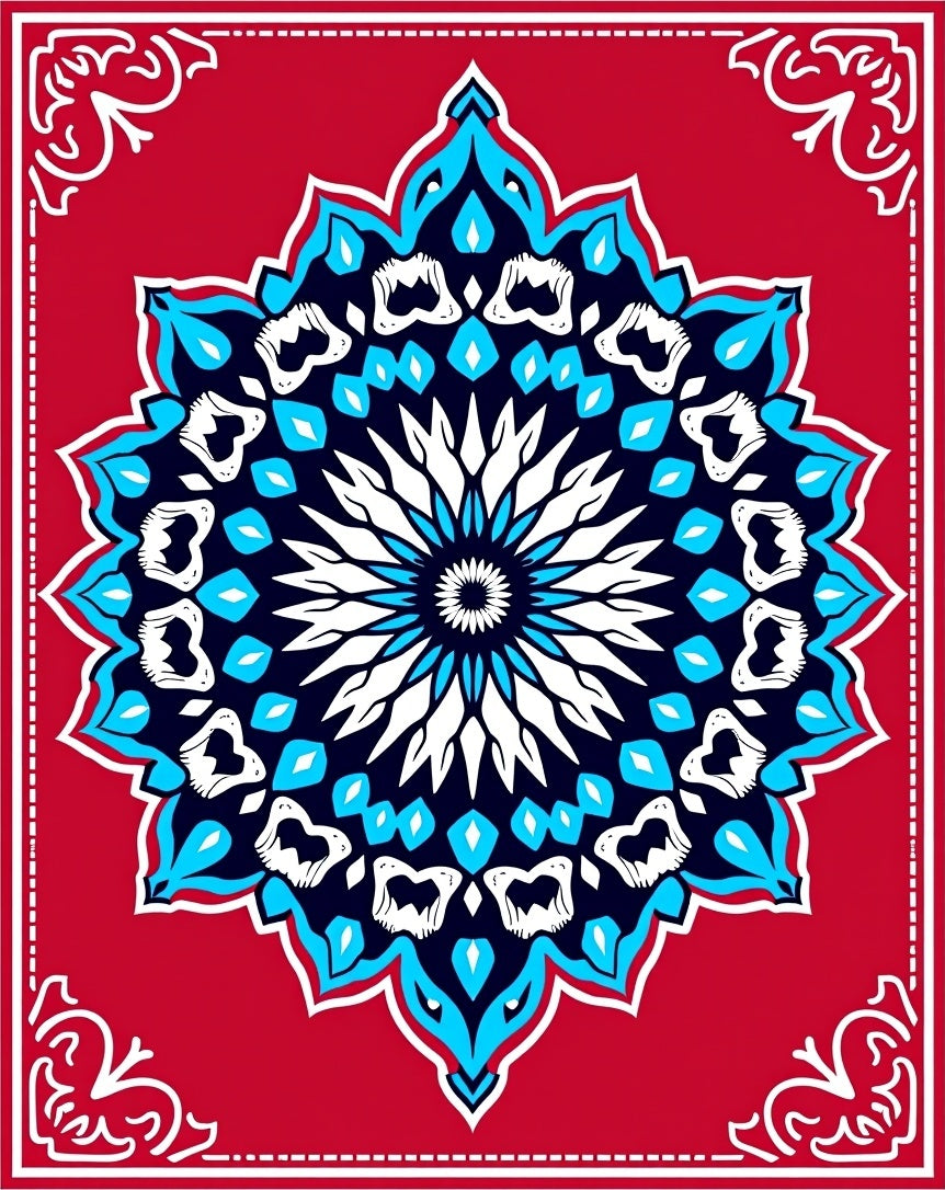 Red Vibrant Blue White Starburst Medallion Rug
