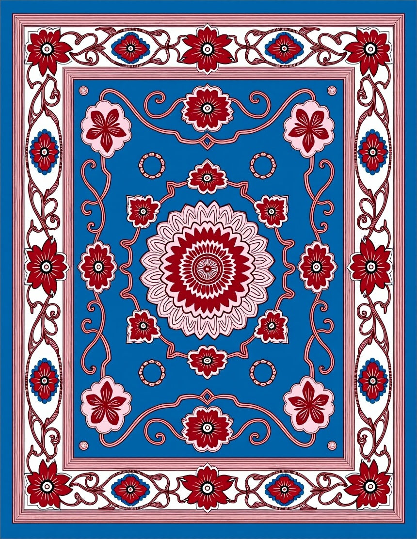 Bold Red Floral Medallion Blue Rug