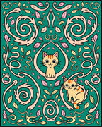 Whimsical Cream Cats Floral Swirl Green Rug