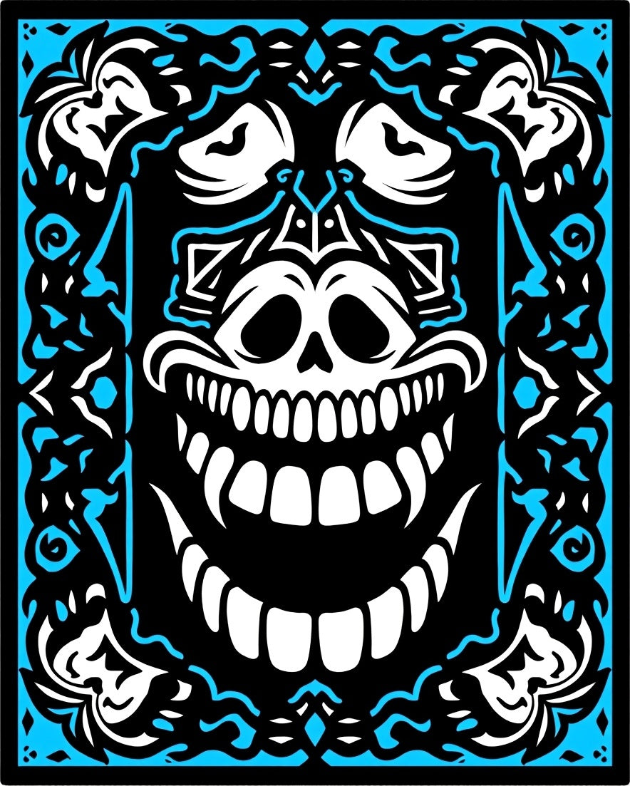 Electric Blue Skull Grinning Ornate Border Rug