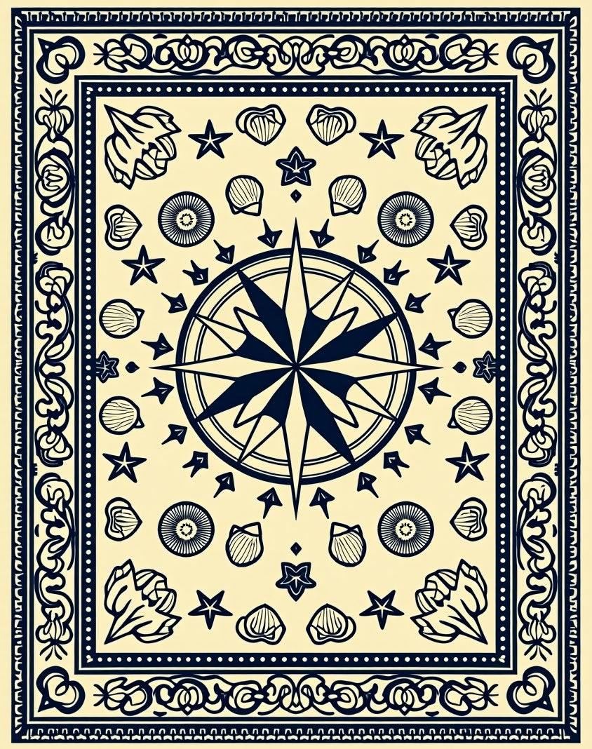 Navy Blue Nautical Star Seashell Scatter Rug