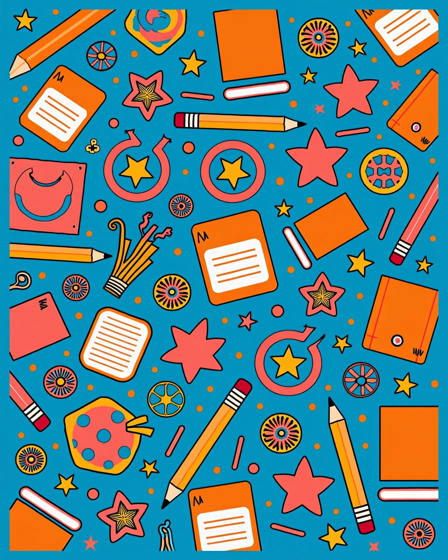 Blue Orange Star School Supplies Scene Rug