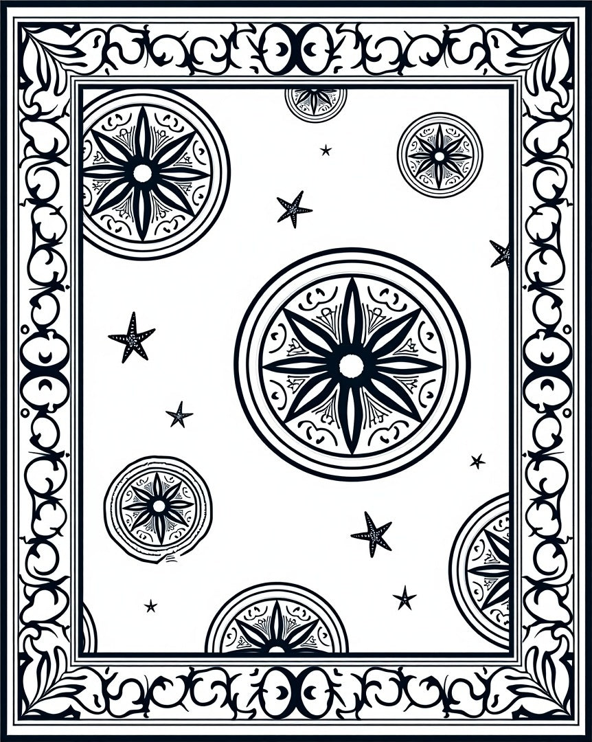 Nautical Black Starburst Medallion Border Rug