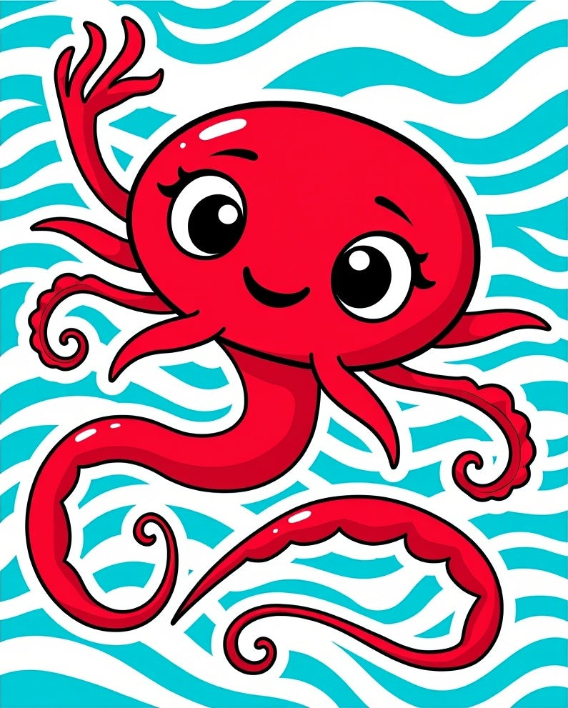 Red Octopus Aquatic Wave Illustration Rug