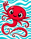 Red Octopus Aquatic Wave Illustration Rug
