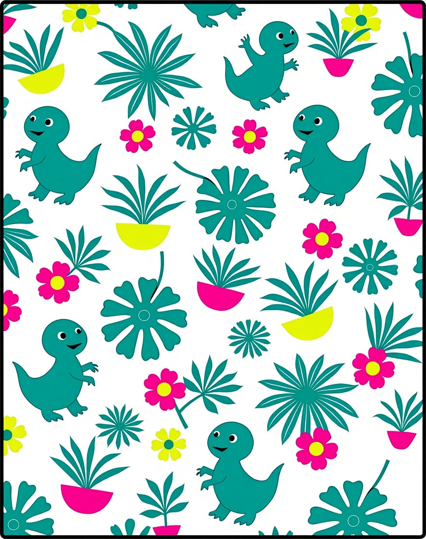 Playful Teal Dinosaur Floral Jungle Rug