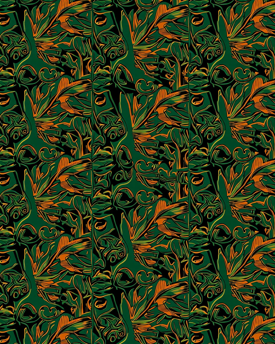 Jungle Emerald Orange Swirl Motif Rug