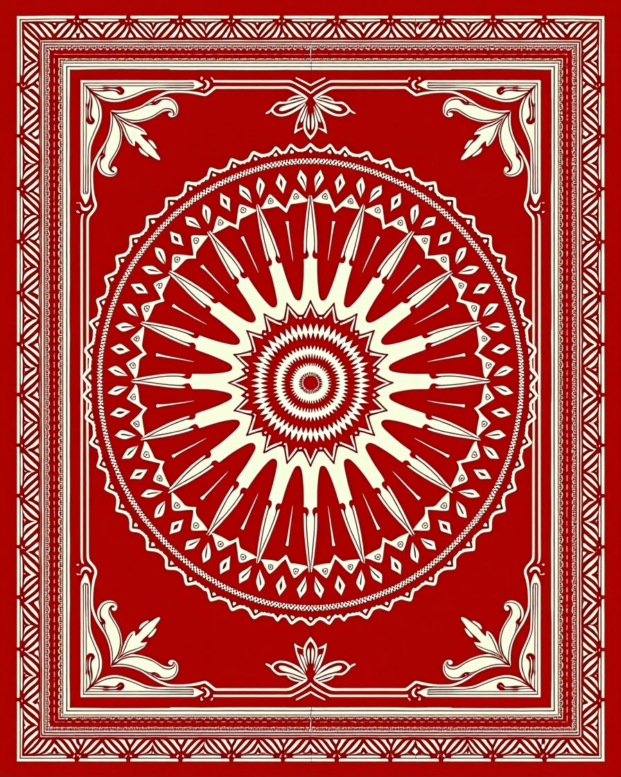 Crimson Sunburst Bordered Medallion Rug