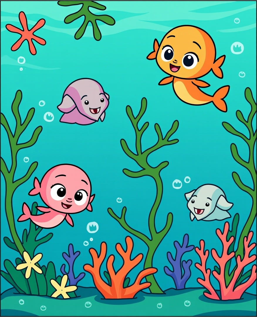 Cute Ocean Friends Coral Reef Scene Rug