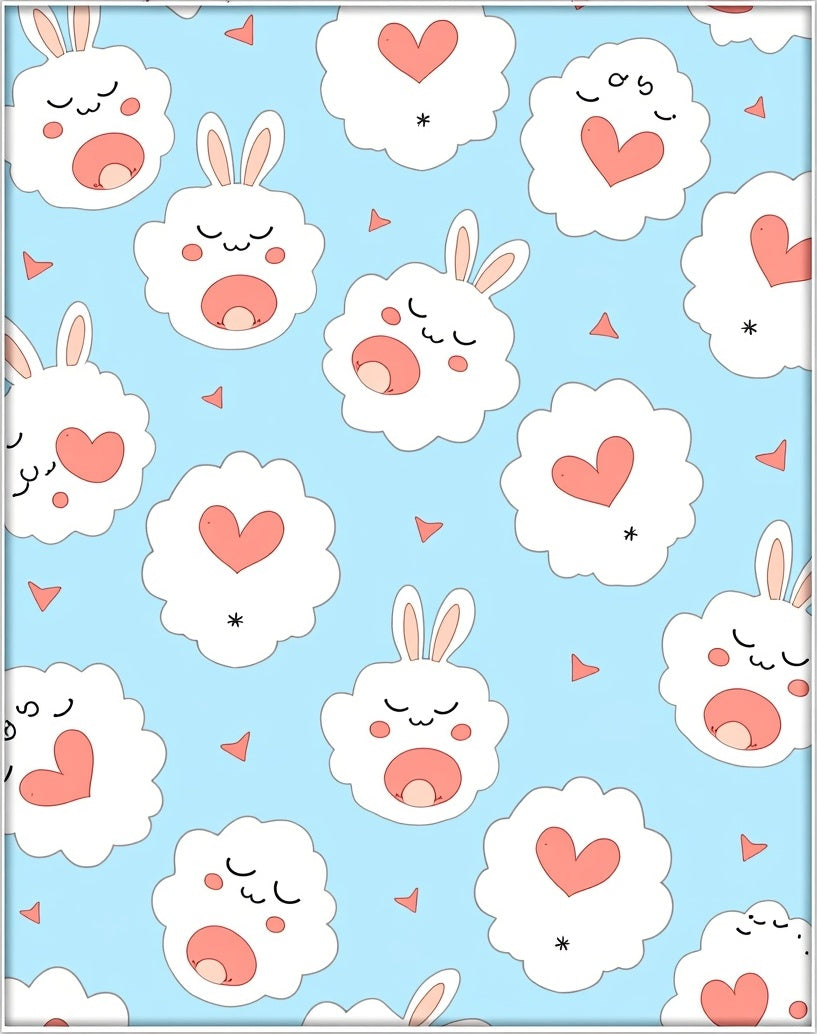 Kawaii White Bunny Clouds Pink Hearts Rug