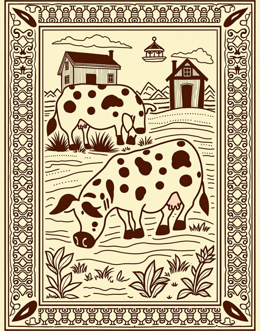 Brown Cow Farmhouse Landscape Scenic Rug