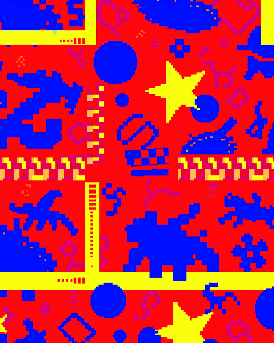 Pixelated Red Blue Yellow Star Shapes Rug