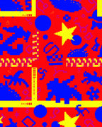 Pixelated Red Blue Yellow Star Shapes Rug