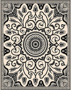 Cream and Black Floral Mandala Rug