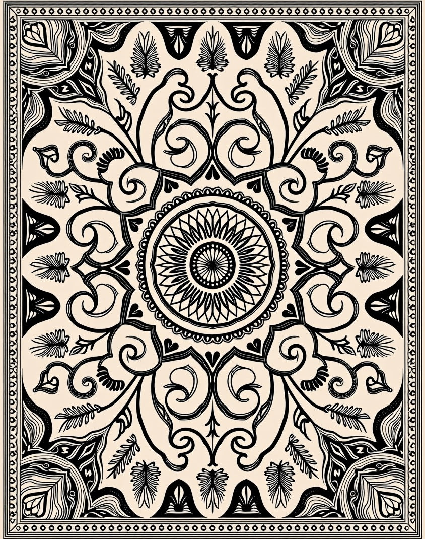 Cream and Black Floral Mandala Rug
