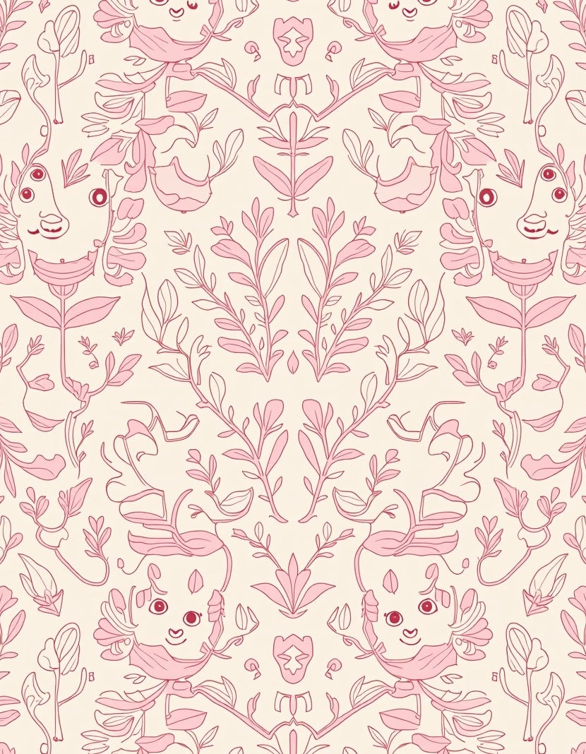 Whimsical Pink Creature Floral Medallion Rug