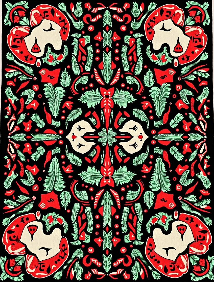 Black Red Green Folk Faces Ferns Rug