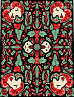 Black Red Green Folk Faces Ferns Rug