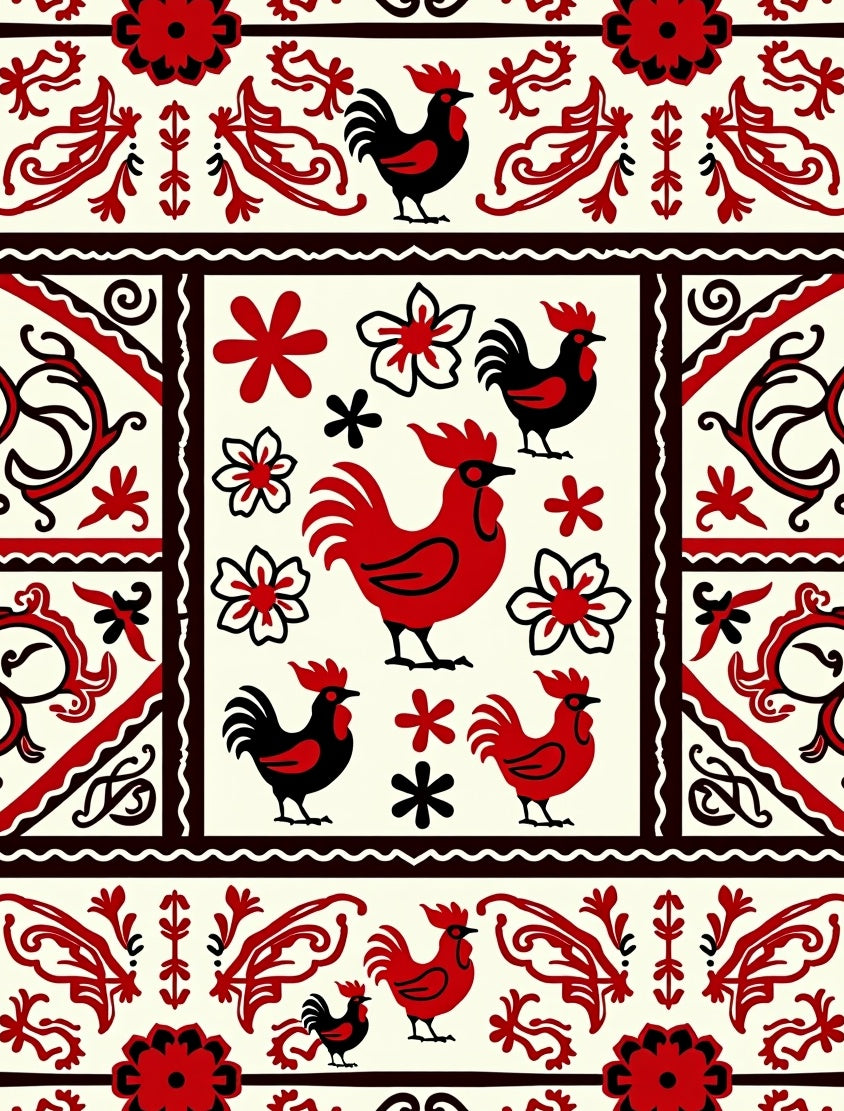 Folk Art Roosters Floral Border Rug