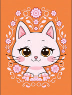 Cute Pink Cat Floral Orange Round Rug