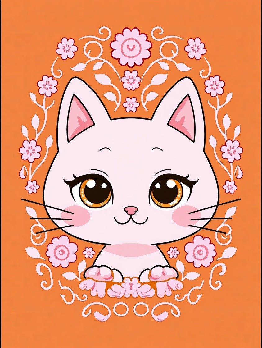 Cute Pink Cat Floral Orange Round Rug