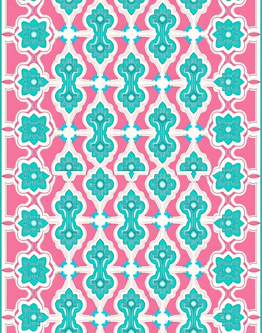 Pink Teal Geometric Floral Medallion Rug