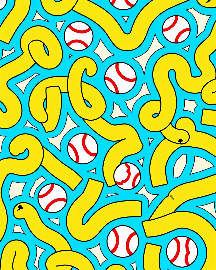 Bold Yellow Swirls with White Red Baseballs Rug