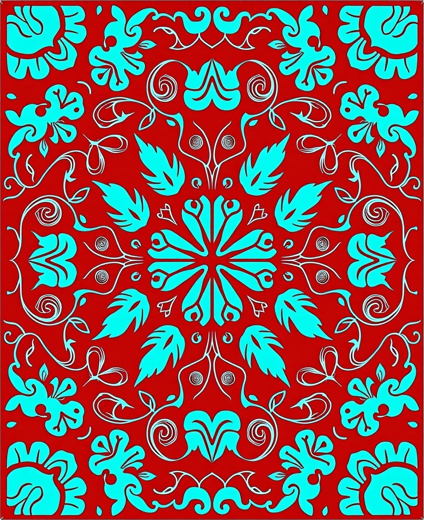 Red Teal Floral Scroll Medallion Rug