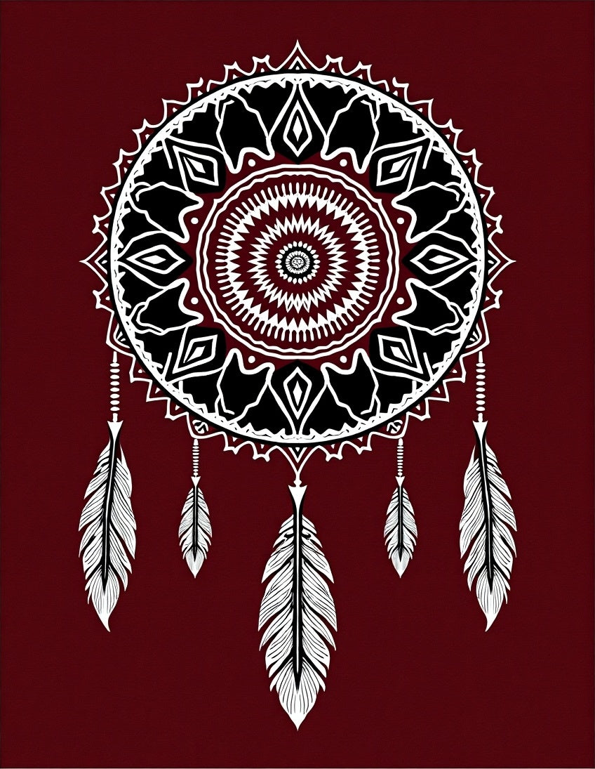 Crimson And White Feather Dreamcatcher Rug
