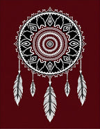 Crimson And White Feather Dreamcatcher Rug