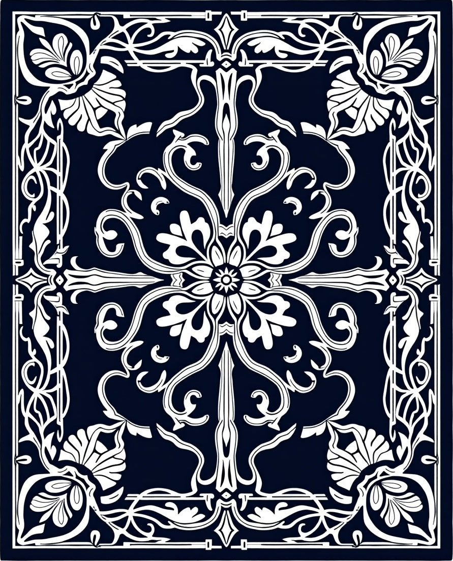 Dark Blue Ornate Floral Garland Rug