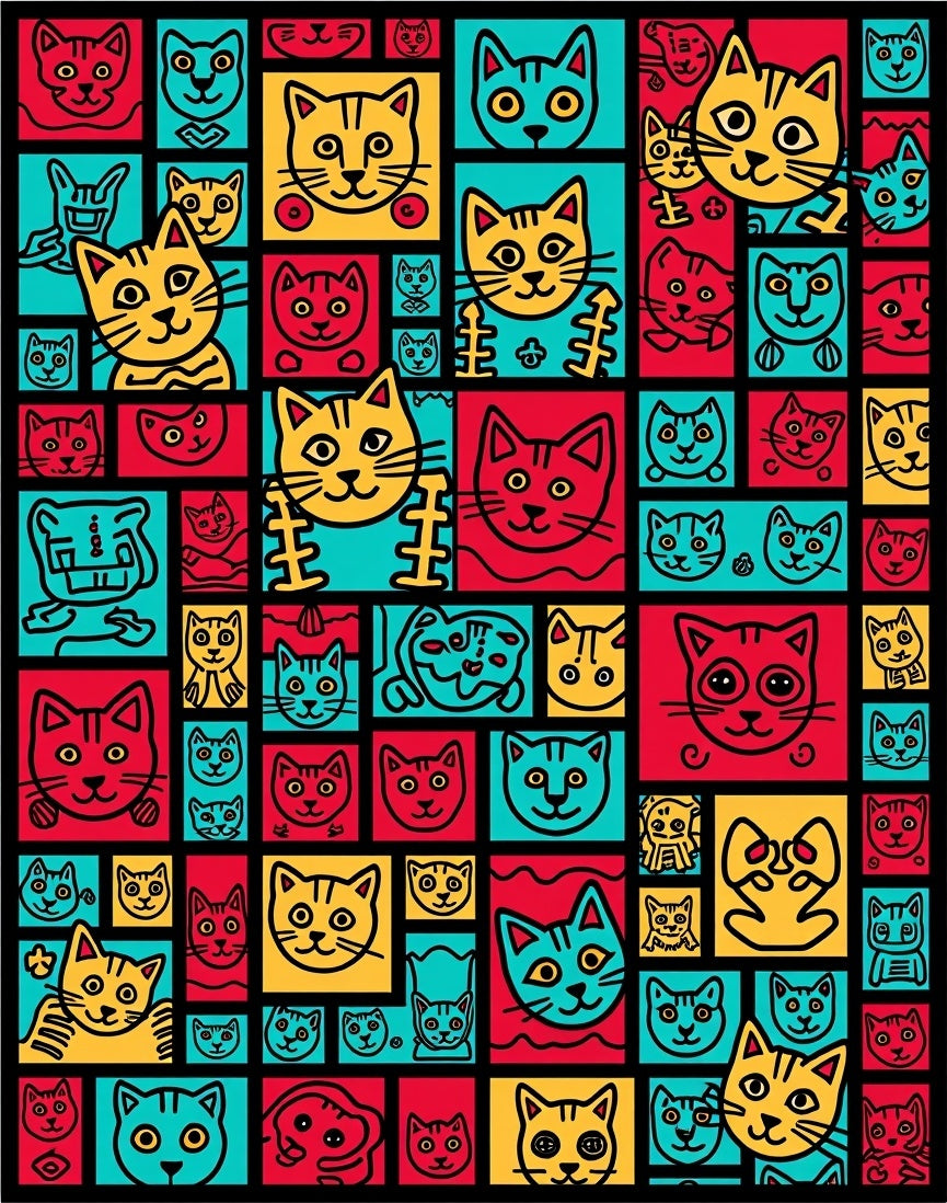 Vibrant Red Yellow Teal Cat Collage Rug