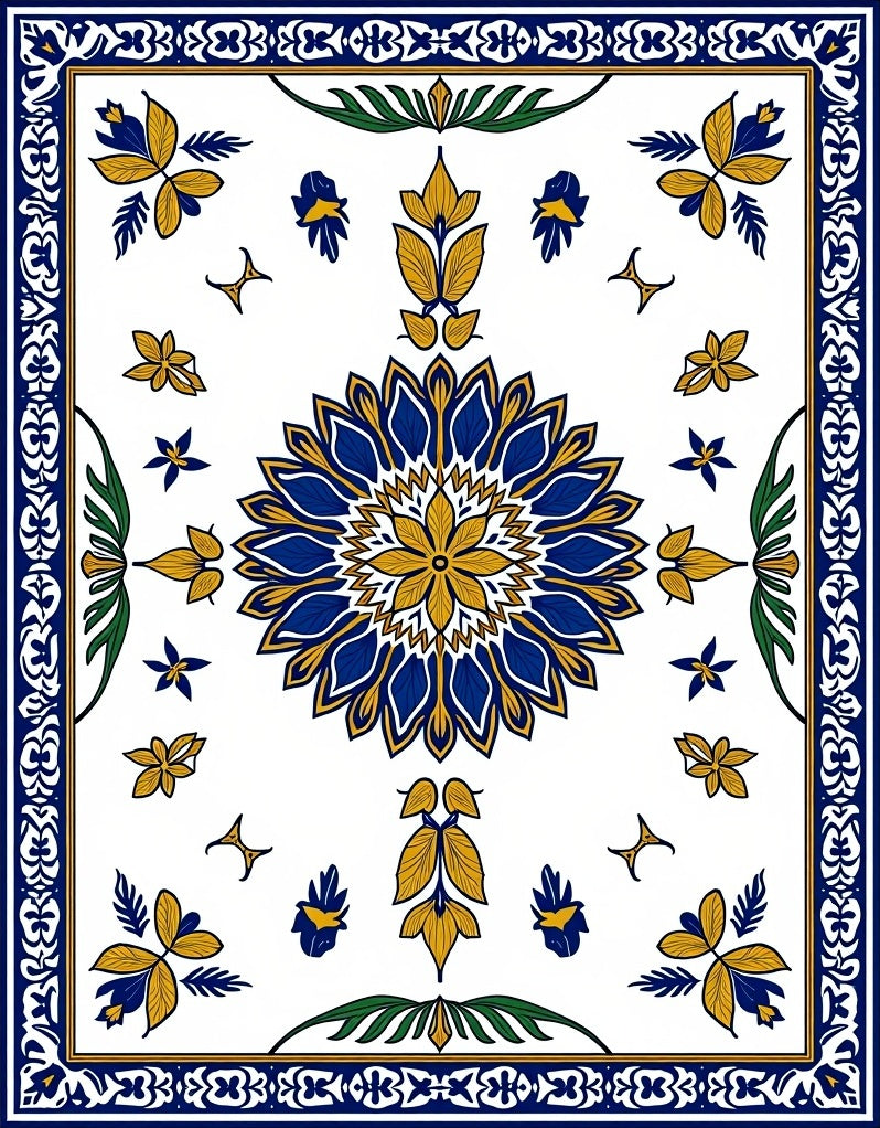 Royal Blue Yellow Floral Medallion Border Rug