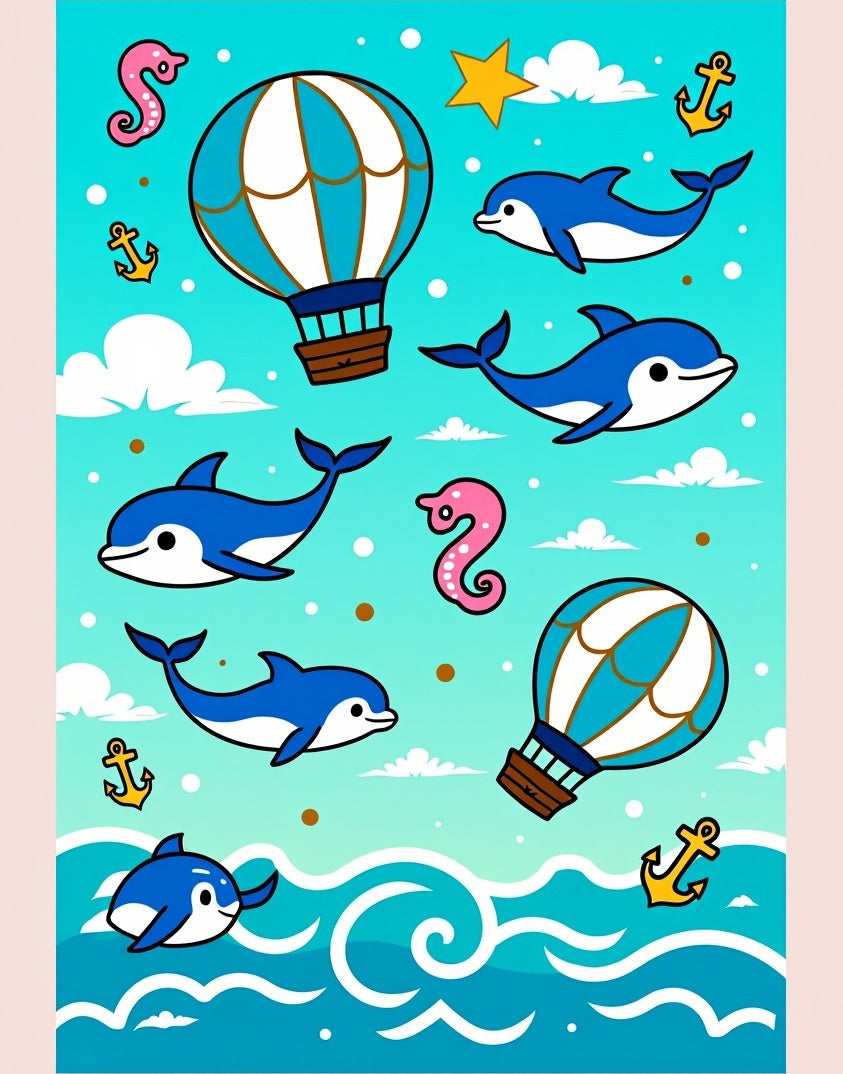 Whimsical Blue Dolphins Hot Air Balloons Adventure Rug