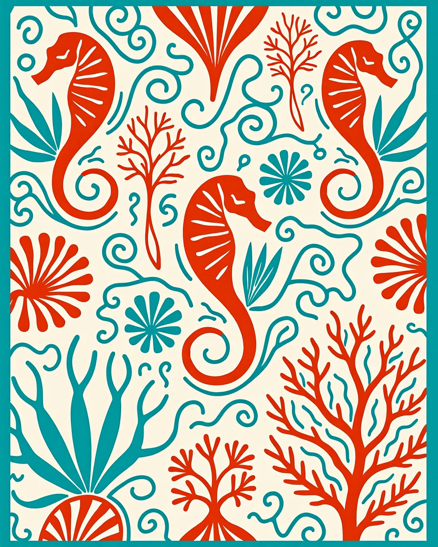 Nautical Red Seahorse Coral Swirls Rug