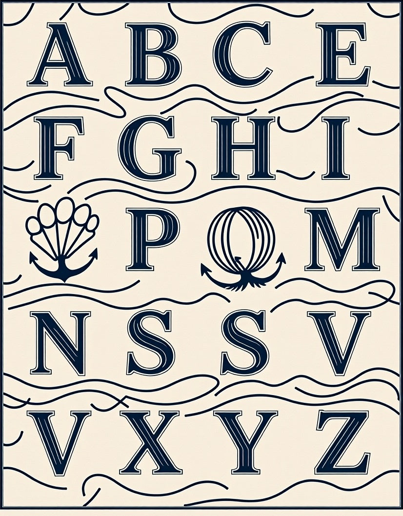 Nautical Alphabet Navy Ivory Waves Rug