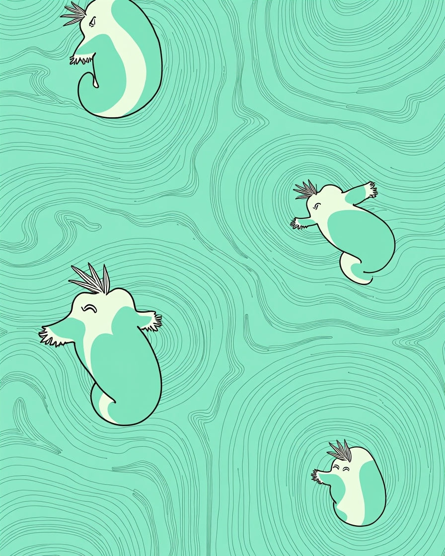 Teal Cartoon Creatures Flowing Waves Rug