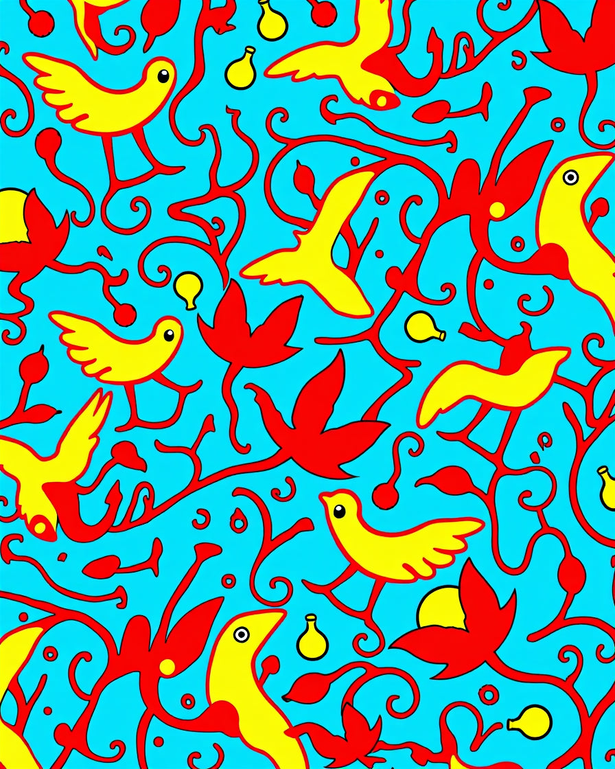 Bright Yellow Birds Red Vines Aquamarine Rug