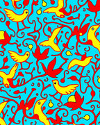 Bright Yellow Birds Red Vines Aquamarine Rug