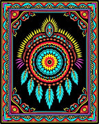 Vibrant Feather Mandala Black Rug
