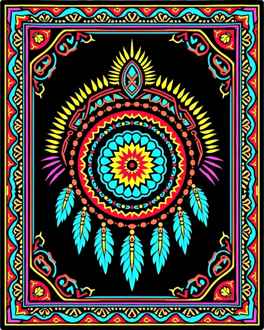 Vibrant Feather Mandala Black Rug